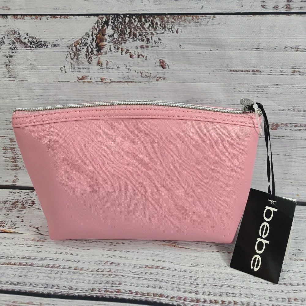 Bebe Pink Cosmetic Bag Sleek Design Zipper Closure With Two 1.6 Oz Bottles NWT